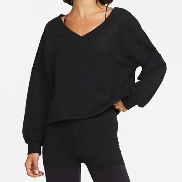 Nike Yoga Luxe Top Womens L Black Fleece V Neck Modal Blend Long Sleeve Cropped - Picture 12 of 14
